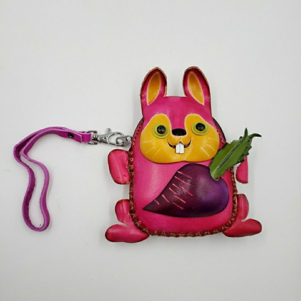 Pink Bunny Rabbit Coin Purse Cute Handmade Leather Small Wallet Kawaii Zip Pouch - Picture 13 of 14